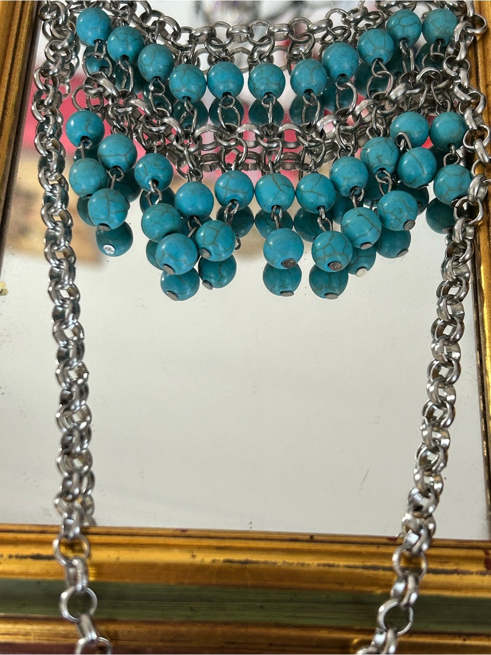 Turquoise color Beaded Fringe Bib Necklace - Women Jewelry Boho silver chain